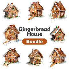 Set of gingerbread house watercolor isolated illustration. Christmas gingerbread cookies decorated with colorful candy and chocolate, hand drawn gingerbread house painting for card printing, sticker. - obrazy, fototapety, plakaty