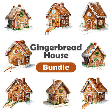 Set of gingerbread house watercolor isolated illustration. Christmas gingerbread cookies decorated with colorful candy and chocolate, hand drawn gingerbread house painting for card printing, sticker.