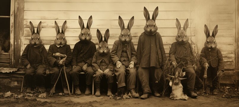 Human rabbit family. Vintage old photo effect. Generative AI technology.