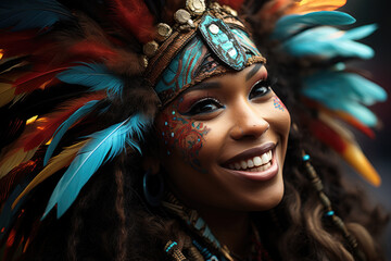 Colorful masks and feathers adorn dancers at Rio Carnival