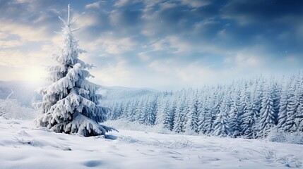 Naklejka premium Fir tree branch with snow on a blue background: a festive greeting card for Christmas and New Year