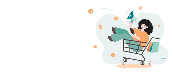 young woman sitting in shopping cart. Sales during shopping and purchase concept. Shopping and sales pleasure in the shop. Vector illustration