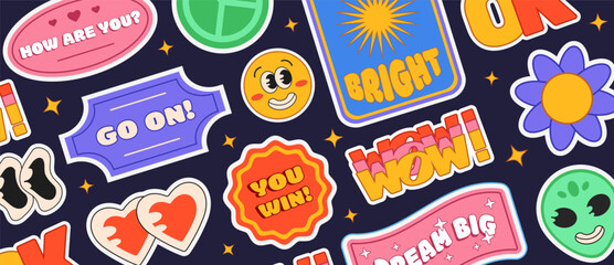 Retro Y2K banner with stickers, smiling characters, eyes, badges and labels with cool cheering short phrases. Vector illustrations.