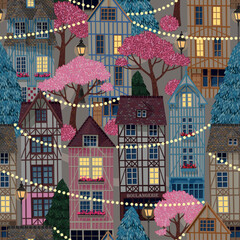 Vector seamless pattern with old town houses