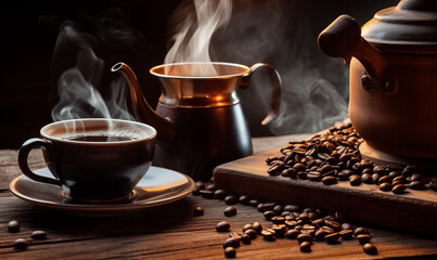 Fresh Coffee Steam on Wooden Table Close-up
