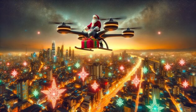 Santa Claus riding a drone, delivering Christmas gifts above a city lit with colorful festive lights.Generative AI