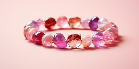 Beautiful simple bracelet for girl made of pink stones on a pink background.Generative AI