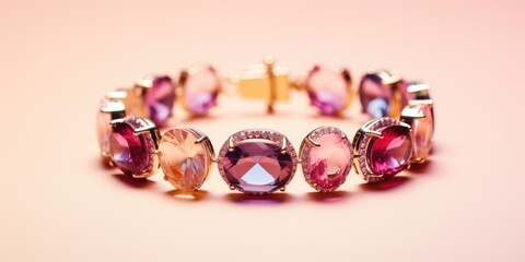 Beautiful simple bracelet of various pink stones on peach background. Generative AI