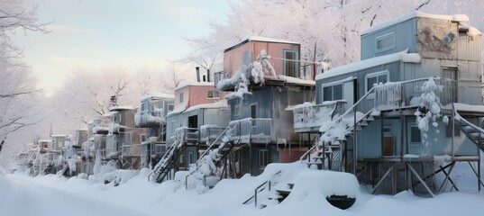 Abandoned houses at winter season. Generative AI technology.	
