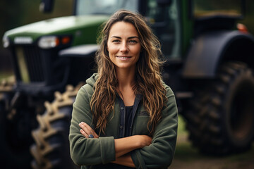 Portrait of beautiful Caucasian young woman standing in front of tractor machine and smiling cheerfully to camera. Pretty happy female farmer worker in field at farm. Agricultural work. - Powered by Adobe