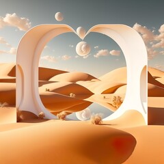 3d render. fantastic background. Desert scenery. Panoramic landscape with sand dunes, white clouds, water mirror reflection and geometric shapes, square glass arches Minimalist wallpaper Generative AI