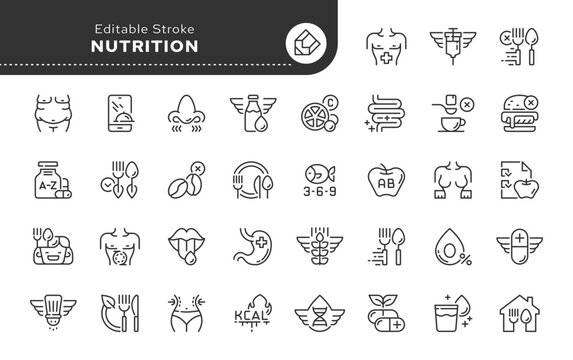 Nutrition line icon set. Proper nutrition, diet, weight loss and healthy lifestyle. Diet food. Vector set of conceptual web icons for app and website. Pictogram collection