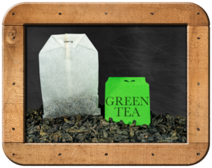 Close-up of a green tea bag, Gunpowder tea, with label on many dried leaves for preparing a hot drink in a blackboard with wooden frame isolated on white or transparent background, png.