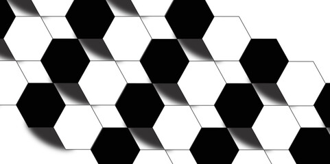 Abstract black and white background with hexagon and hexagonal background. geometric mesh cell texture. 3D futuristic abstract honeycomb mosaic background.