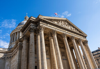 Fototapeta premium A detail of the façade of the Pantheon, built in 18th century, where many French notable people are buried, Paris city centre, France