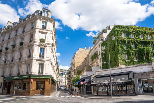 A glimpse of place Chopin, with residential buildings and shops in the quartier de la Muette, 16th arrondissement, Paris, France