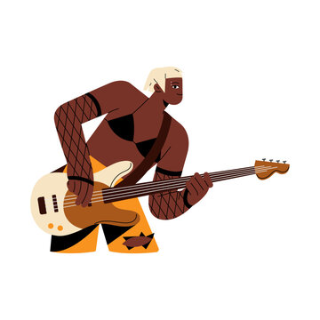 Rock star perform on string instrument. Musician play electric, bass guitar on concert, performance. Guitarist in create outfit shows metal, punk music. Flat isolated vector illustration on white