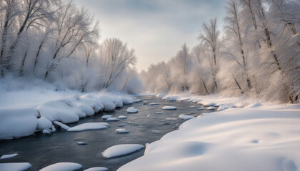 Winter River in Snowy Forest Landscape