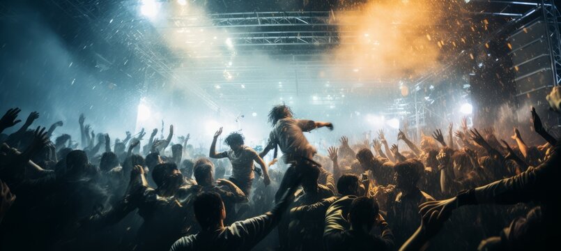 Crowd moshing at rainy concert. Generative AI technology.	
