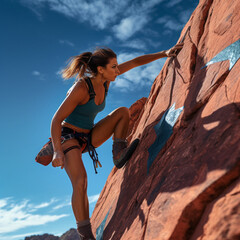 Wspinaczka skałkowa. Kobieta wspina się po skałach w słoneczną pogodę. - obrazy, fototapety, plakaty