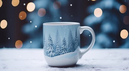 Obraz premium Decorated christmas coffee mug with winter forest landscape and snow. Generative AI