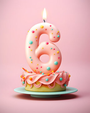A beautiful birthday cake with a six years candle, sweet colors creamy pastry
