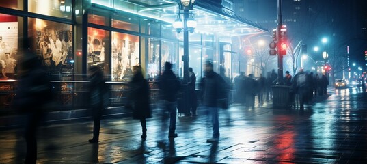 Fototapeta na wymiar Blurred crowd people walking at night city street. Generative AI technology. 