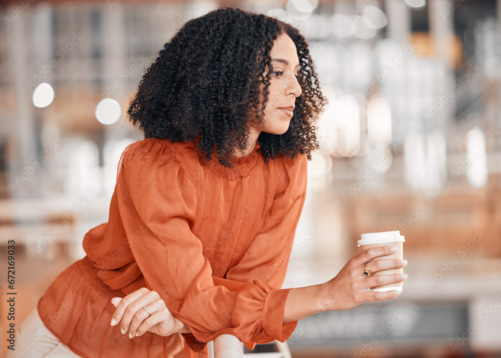 Poster business woman, thinking and coffee at work with focus, mindset and concentration at office. profile