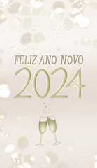 Happy new year in Portuguese golden text with champagne glasses on pink background with lights.