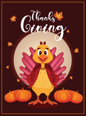 Vector illustration Thanks giving with turkey and pumpkins brown background poster template