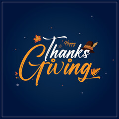 Vector illustration Happy Thanks giving poster template with leaf and blue background