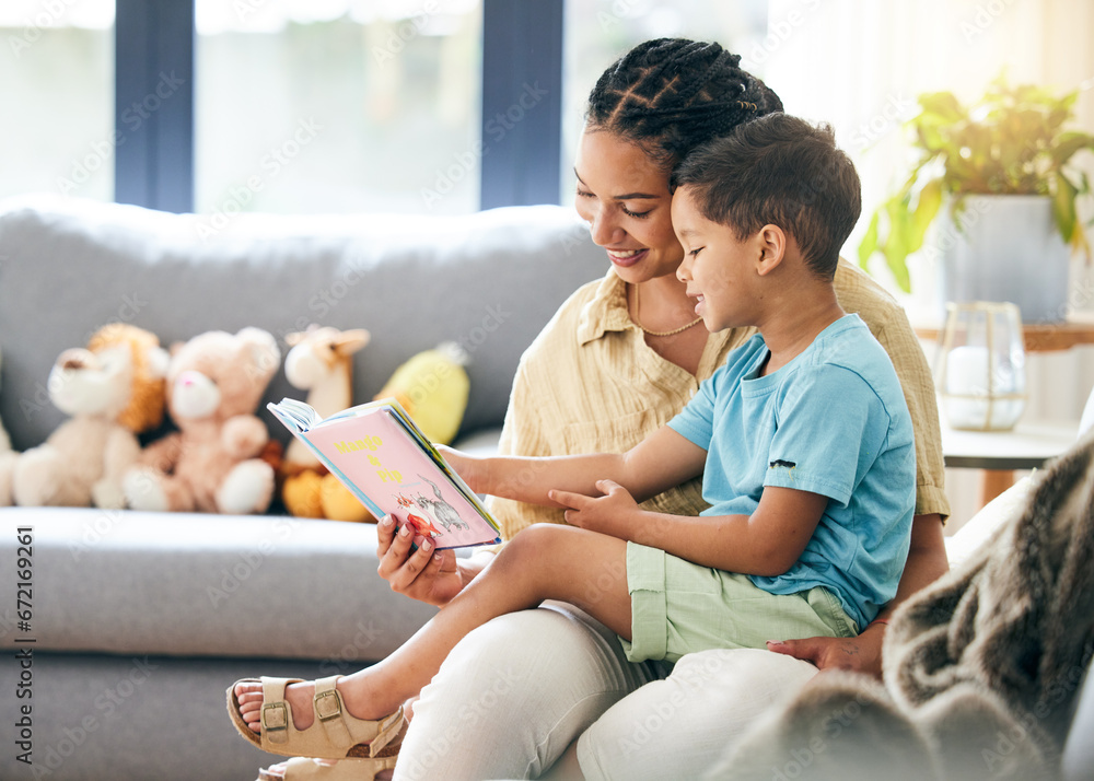 Sticker Book, reading and mother with kid in living room for storytelling on sofa of happy home, teaching and bonding fun. Love, learning and mom with child, fantasy story on couch and quality time together.