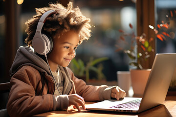 African American boy wearing headphones sitting at table and using laptop for study online.