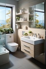 Fototapeta na wymiar Small bathroom with modern style, Toilet, sink and mirror.