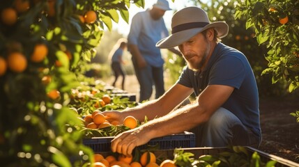 Focused man worker harvesting local ripe tangerines in garden. - obrazy, fototapety, plakaty