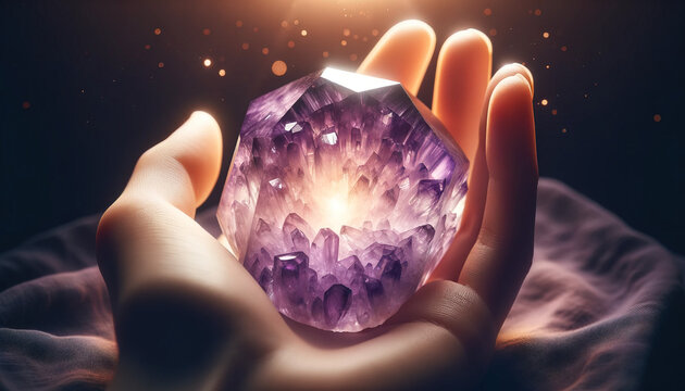 Cristal de amatista en la mano de una persona