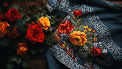 Photo of a Beautiful Bouquet of Colorful Flowers on a Rustic Wooden Table