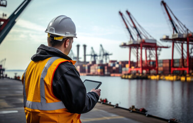 Engineer with tablet from behind in a port full of containers - obrazy, fototapety, plakaty
