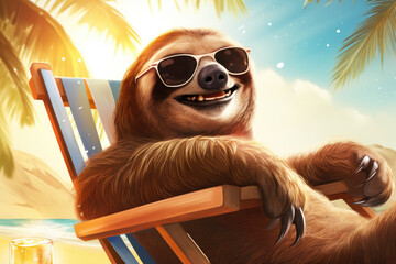 Smiling sloth in a deck chair on the beach. Palm tree and sea on background. He is laying as lazy man. - 672170613