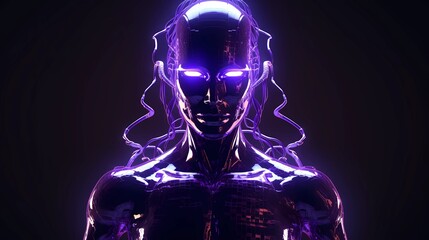 Ein Android Mann umgeben von leuchtenden Elementen vor dunkelem Hintergrund.