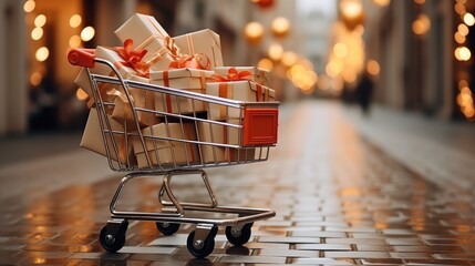 Online shopping concept, Shopping cart with gifts.
