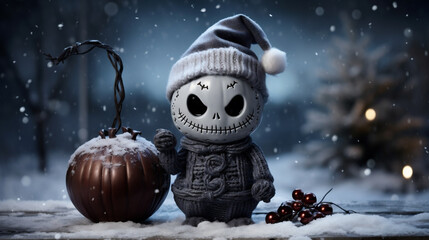 Christmas theme. Cute little snowman with a pumpkin in the snow.