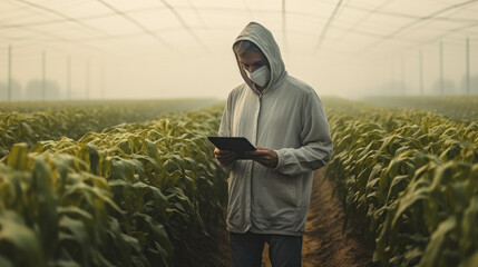Naklejka na ściany i meble Farmer examine his farm using digital tablet, Researcher or agricultural specialist.