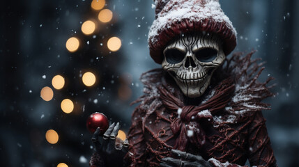 Skull in a red coat with a red Christmas ball in his hands