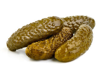 Pickles, marinated cucumbers, isolated on white background.