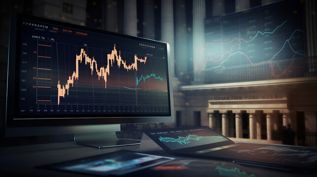Against the backdrop of economic charts and graphs, the Federal Reserve fine-tunes its approach to raising monetary policy, a calculated aimed at managing inflation, interest rates.  AI generative.