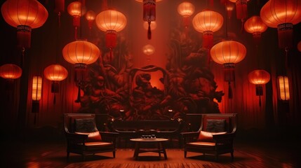 Chinese lanterns with chair in red room, Chinese New Year background. - obrazy, fototapety, plakaty