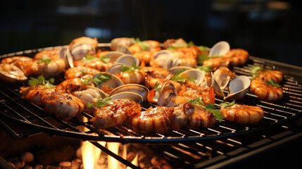 Grilled seafood, Clams and shrimp are placed on a grill to cook.