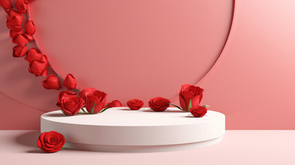 Blank podium derocation with rose. Valentine concept. Generative AI
