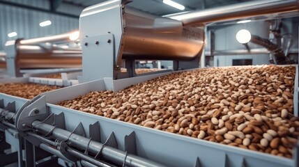 Almonds are separated and sized during the hulling process, pine nut shelling, Industrial Automated production.